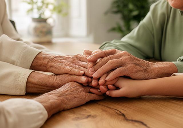 Manos de tres generaciones reunidas alrededor de una mesa familiar en Valencia